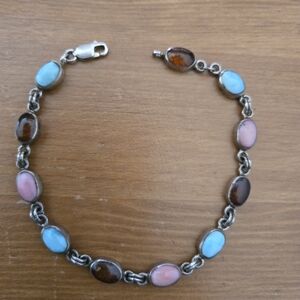 Sterlinh  Silver  925 Bracelet with Blue, Pink, and Brown Stones SZ 8.5"
